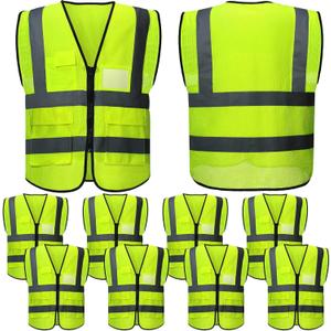 JenPen 10 Pieces Reflective Safety Vests with Pockets and Zipper, High Visibility Mesh Construction Vest for Men Women (Large, Green)