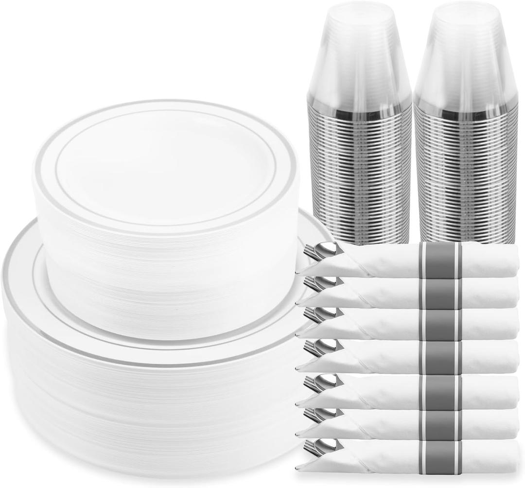 M MCIRCO 350 Piece Dinnerware Set,100 Silver Rim Plastic Plates, 50 Cups,50 Pre Rolled Napkins with Plastic Silverware, Disposable Dinnerware Set for 50 Guest, Silver