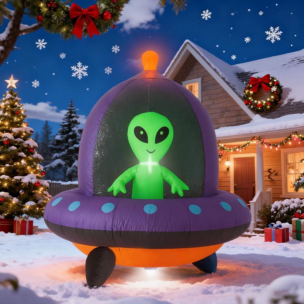 GARIG 5FT Christmas Inflatables Outdoor Decorations Aliens and UFO Build-in LEDs Lights Blow Up Yard Decorations for Garden Lawn Window Indoor Party Holiday Decor