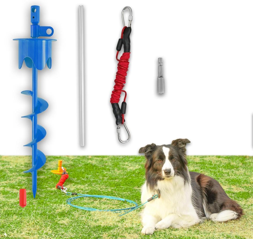 Dog Stakes for Outside Heavy Duty Hold up to 350Lbs Large Dogs Tie Out Tether Leash Chain for Yard Screw in Ground Anchors Set 17 inch Blue with Buffer Rope