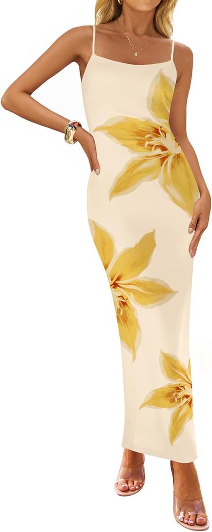 ZESICA Womens Summer Spaghetti Strap Bodycon Beach Vacation Maxi Dresses (Yellow, L)