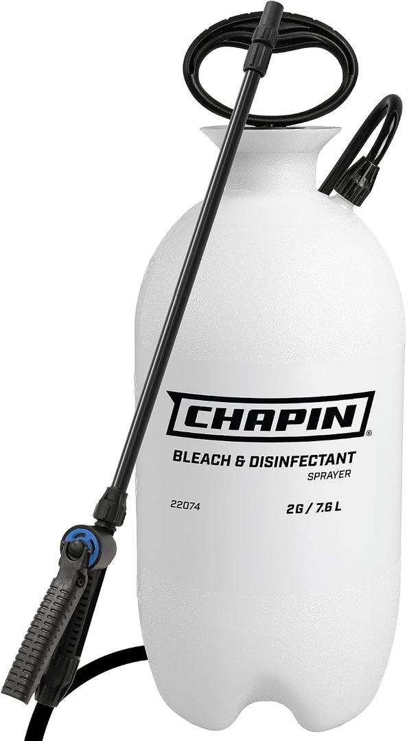 Chapin 22074 Bleach Pump Sprayer, 2Gallon, Lawn & Garden, BleachResistant Poly Tank, FunnelTop, AntiClog Filter, Adjustable Cone Nozzle, 40" Hose for Cleaning, Mold & Disinfecting Applications