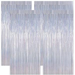 4 Pack NYE Silver Tinsel Foil Curtain, 3.28 FT x 7.05 FT Glitter Silver Tinsel Curtains, Metallic Foil Streamer Disco Fringe Backdrop Party Curtains, Birthday NEW Year Party Supplies Disco Decor