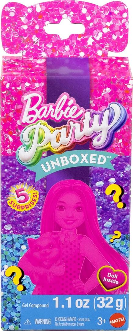 Barbie Party Unboxed Chelsea Doll Set, Glam Party Series with 6 Surprises Including Pet & Color Change 