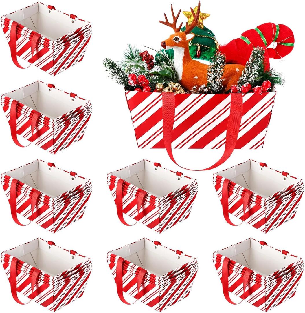 Pinkunn 48 Pcs Christmas Basket for Gifts Empty Bulk, Holiday Gift Empty Baskets with Handle, Reusable Kraft Market Cardboard Tray for Xmas Present Wrapping (Candy Stripe, 12.6 x 9.8 x 5.9 In)