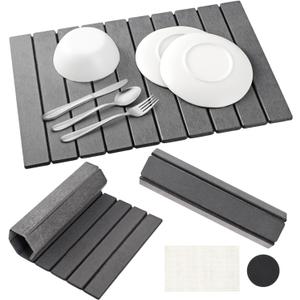 Large Stone Dish Drying Mats for Kitchen Counter, Foldable Quick Drying Mats, Eco-Friendly, diatomaceous earth bath mat, tapete de piedra absorbente para cocina 24" L x 16" W Inches (DARK GREY, LARGE)