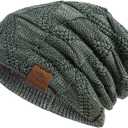 PAGE ONE Mens Winter Slouchy Beanie Warm Fleece Lined Skull Cap Baggy Cable Knit Hat (Light Green)