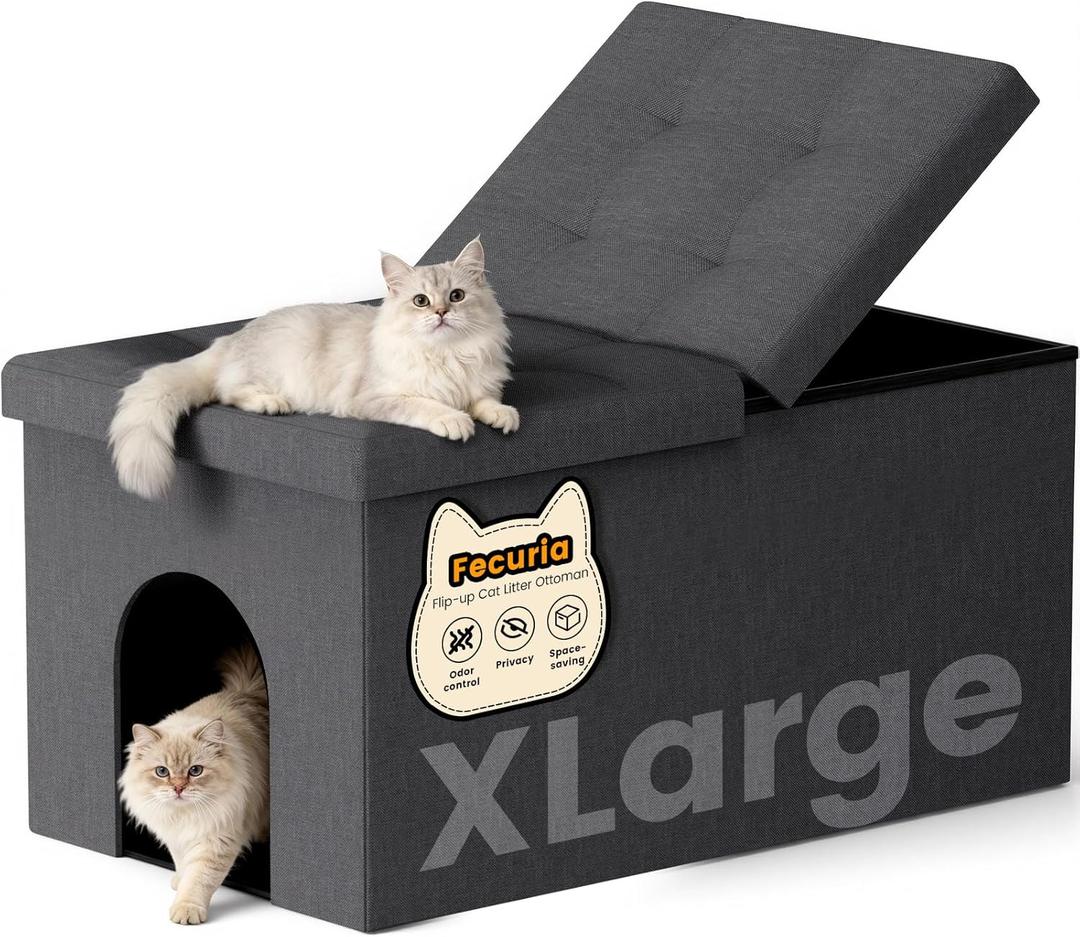 3-in-1 Cat Litter Box Enclosure with Odor Control, Multi-Functional Hidden Litter Box Furniture Bench, Dog Proof, Space-Saving Ottoman Cabinet with Flip-Up Lid, Extra Large, Dark Grey (XL)