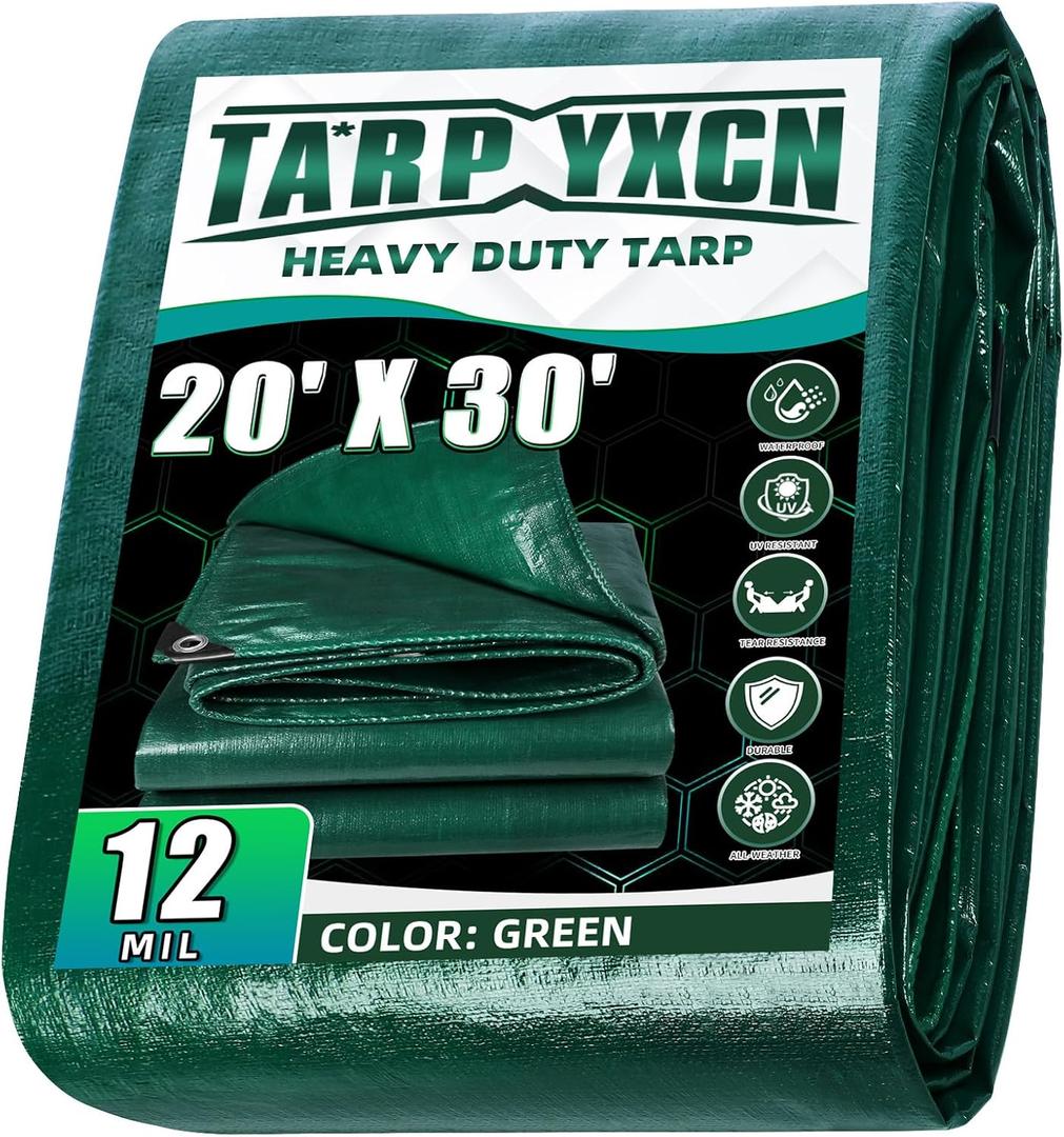 Green Heavy Duty Tarp 20x30 Feet, 12 Mil Thick Waterproof Poly Tarps Cover UV Resistant, Rip & Tear Proof with Metal Grommets Every 20 Inche
