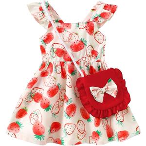 Mioglrie Baby Girl Clothes Newborn Dress Summer Toddler Girls' Clothing Casual Sundress with Cute Bag Infant Outfits (6-12 Months, Strawberry Red)