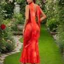 Women Floral Strapless Maxi Dress Sexy Backless Flowy Bodycon Tube Long Dress with Scarf (Red, L)