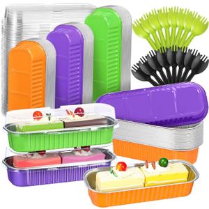 Vesici 60 Pcs Mini Loaf Pans with Lids and Spoons 6.8 oz Disposable Rectangle Aluminum Foil Baking Pans for Christmas Party Muffin Cheesecake(Orange, Purple, Green)