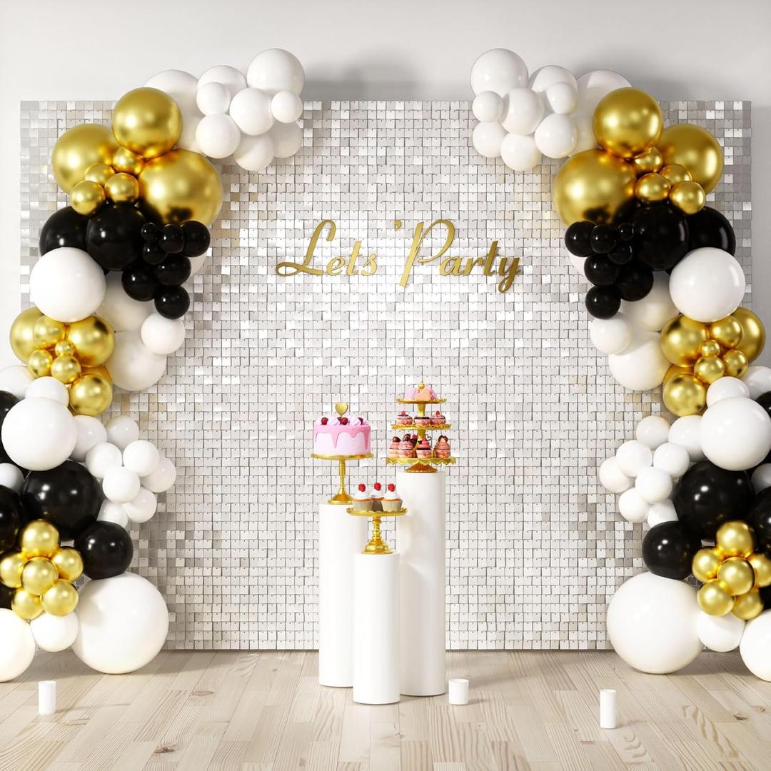 COKAOBE Mirror White Shimmer Wall Backdrop, 48PCS Square Sequin Shimmer Backdrop Panel, Photo Backdrops for Birthday, Anniversary, Wedding, Graduation & Bachelorette Party Decoration