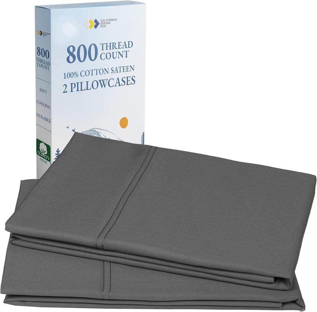 Heirloom Soft, Smooth & Thick Certified 800 Thread Count 100% Cotton Sateen, 2 Pillow Cases King Size, Fits King Pillows (Grey)
