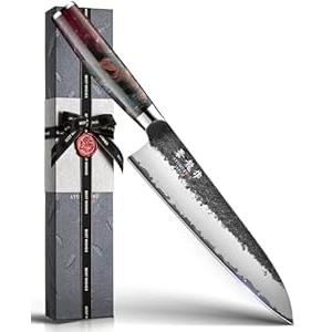 Japanese Chef Knife, 8 Inch Hand Forged Kitchen Knives with VG10 Core, Professional Gyuto Knife for Home & Restaurant, Sanmai Chefs Knives with Ergonomic Red Handle, Cooking Gifts for Men Women
