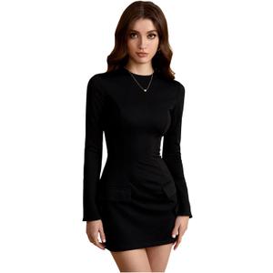 Women's High Waist Split Long Sleeve High Waist Flare Mini Dress, Extra Small 