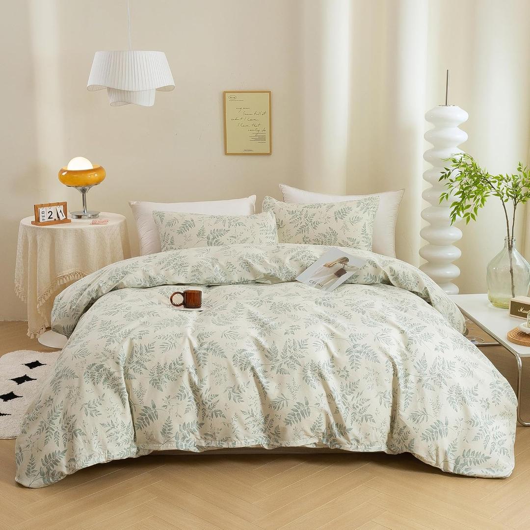 ECOCOTT 3 Pieces Duvet Cover Set with Vintage Green Leaves Pattern 100% Natural Cotton Cozy Simple Style Bedding Set (Queen Size) (Green (No Comforter)
