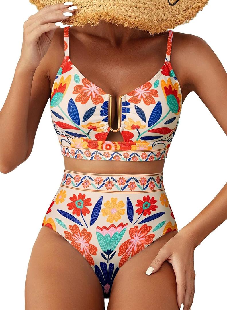Herseas Womens 2 Piece High Waisted U Wire Bikini Set Floral Print Swimsuit Crisscross Back Bathing Suit Beach Swimwear (Beige, M)