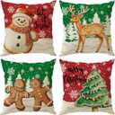 Merry Christmas Pillow Covers Gingerbread Man Snowman Deer Trees Throw Pillow Cases Set of 4 Xmas Winter Decorations for Farmhouse Home Sofa Couch Cushion Cover Party Holiday Decor 18x18 Inch