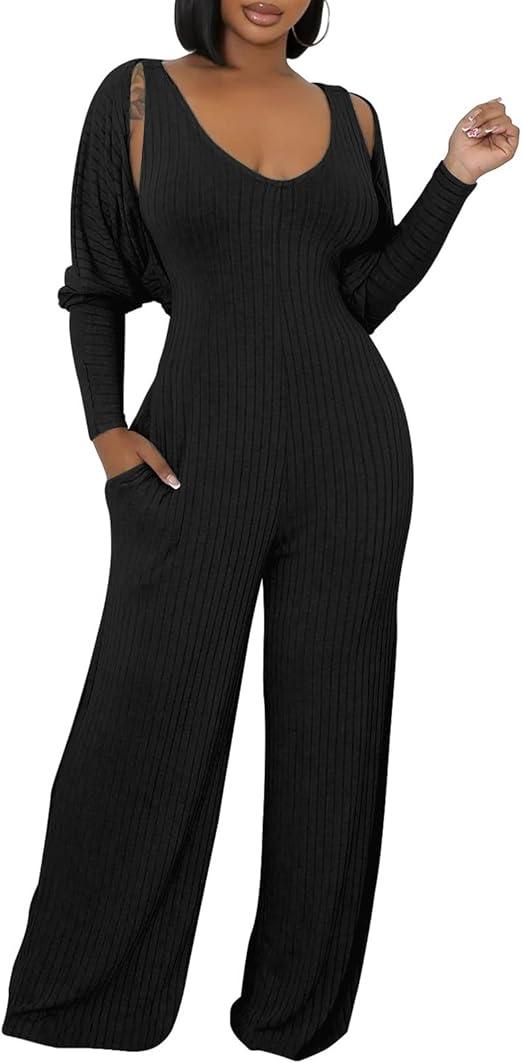 ECHOINE Womens V Neck Wide Leg Jumpsuits with Pockets Ribbed Long Sleeve Coat Pants 2 Piece Sets Outfits L