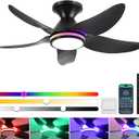 Ceiling Fans with Lights Remote/APP Control, 36" Low Profile Ceiling Fans with Dimmable White Colors+ RGB Ring Lights, 6 Speeds 3 Reversible Blades for Kids Room Bedroom Living Room, Black