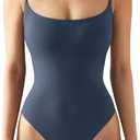 SUUKSESS Women Sexy Square Neck Thong Bodysuit Backless Cami Bodysuit Top (Medium, Navy Blue)