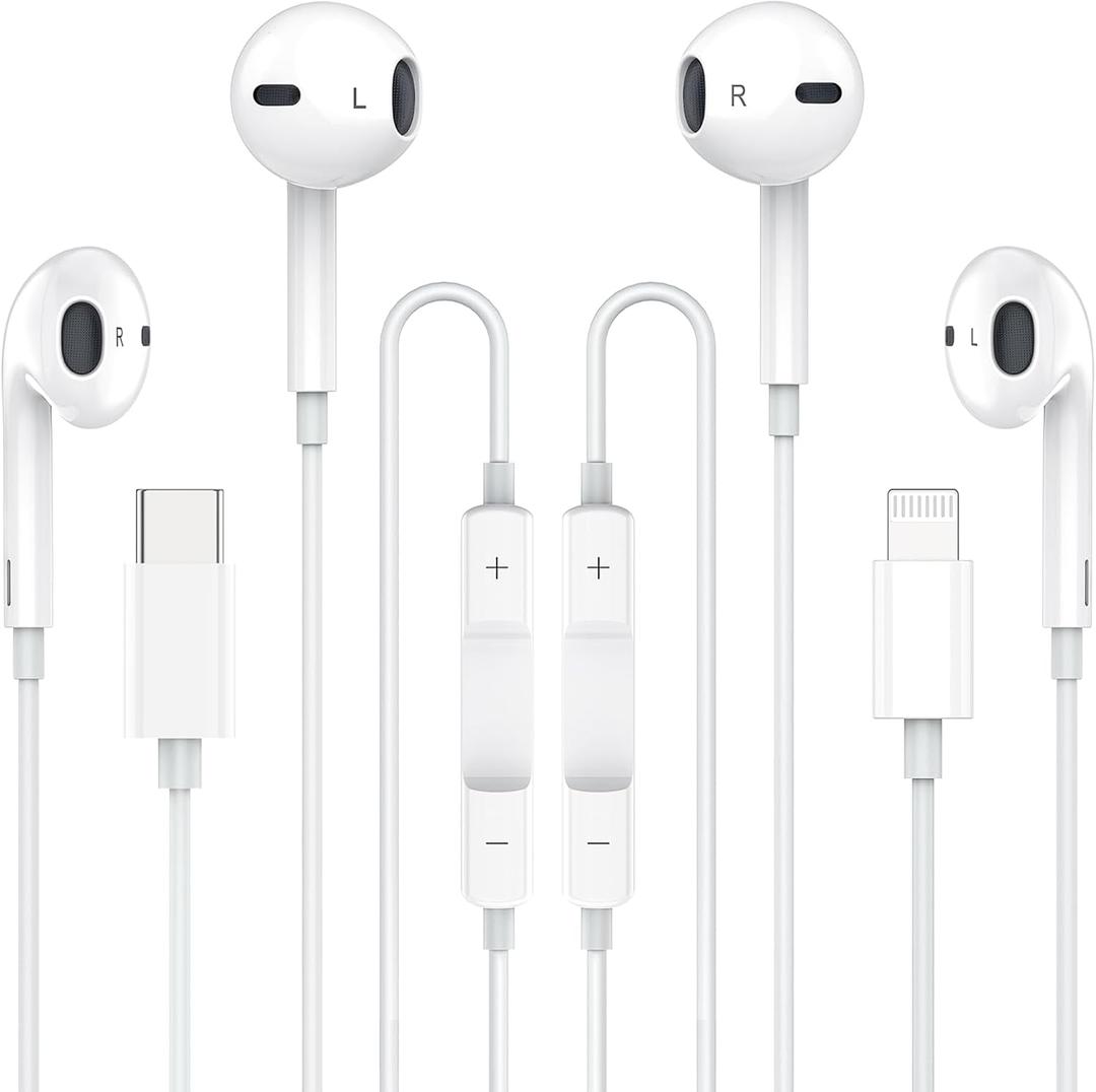 Earbuds Headphones, Wired Earphones with Lightning Connector and USB C Wired Earbuds [MFi Certified] (Built-in Microphone & Volume Control) Noise Canceling Isolating Headphones for iPhone 16 15 14 13