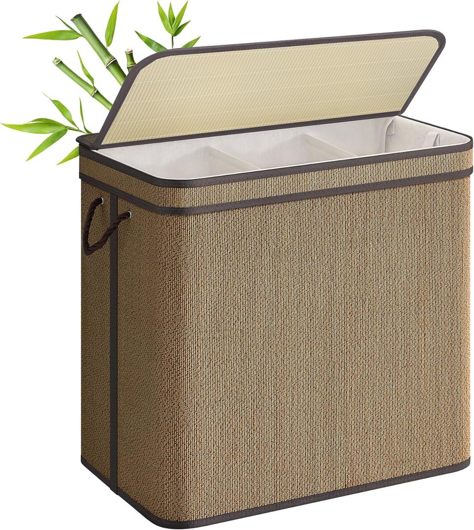 SONGMICS 3-Section Laundry Hamper With Lid, 44.9 Gal (170 L) Large Laundry Basket With 3 Removable Machine Washable Fabric Bag, Bamboo Clothes Hamper, Handles, for Bathroom, Brown ULCB069K01