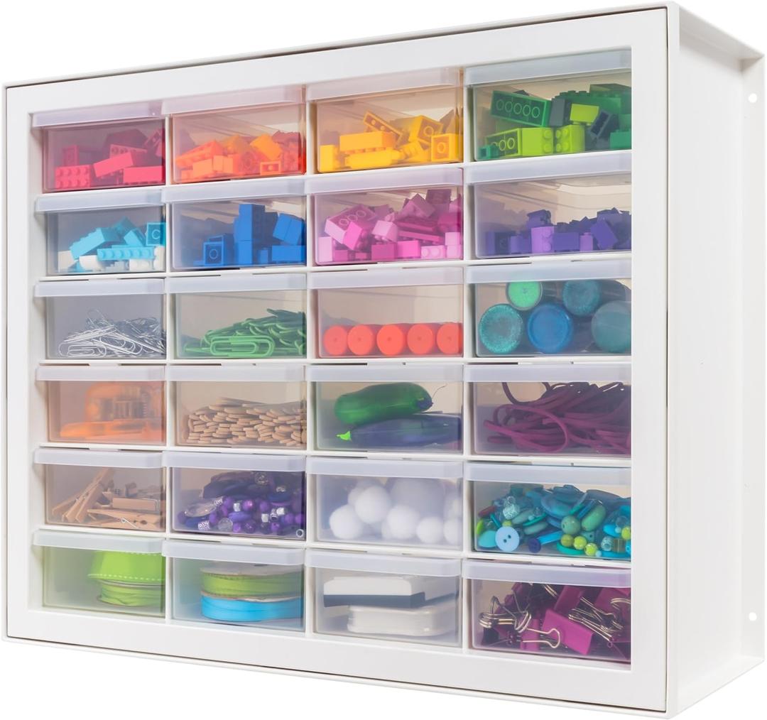 IRIS USA Plastic Storage Drawers, Made in USA, 24-Drawer Small Parts Organizer Cabinet, Stackable Teacher Toolbox for Crafts, Beads, Hardware, Screws, Nuts & Bolts, Scrapbook Supplies White