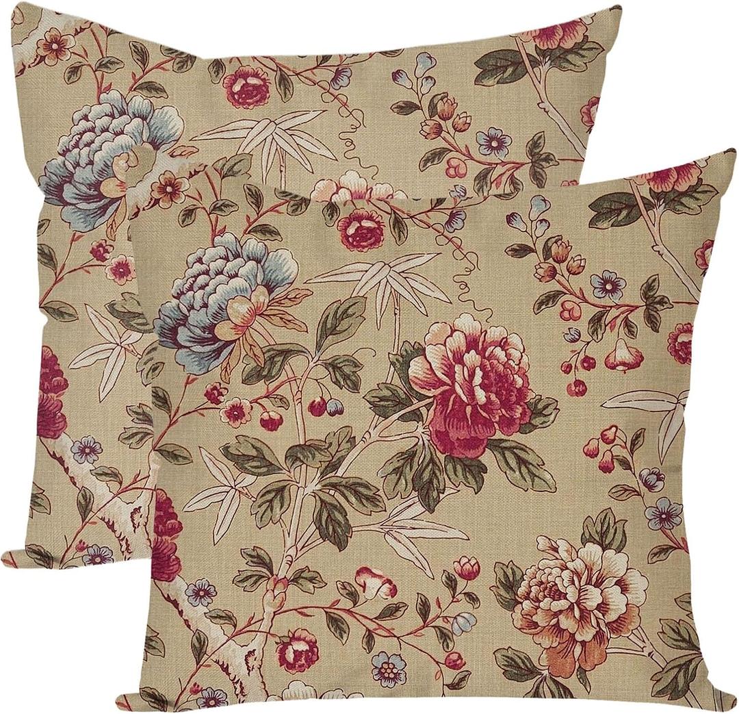 HERHOME Vintage Floral Decorative Throw Pillow Covers 18x18 Inch Set of 2 Peony Flower Chinoiserie Beige Outdoor Cottagecore Grandmillennial Spring Fall Decor Cushion Cases Decorations for Home Couch