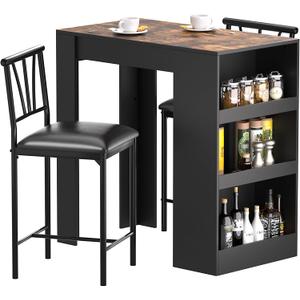 VECELO Small Bar Table and Chairs Tall Kitchen Breakfast Nook with Stools/Dining Set for 2, Storage Shelves, Space-Saving, Retro