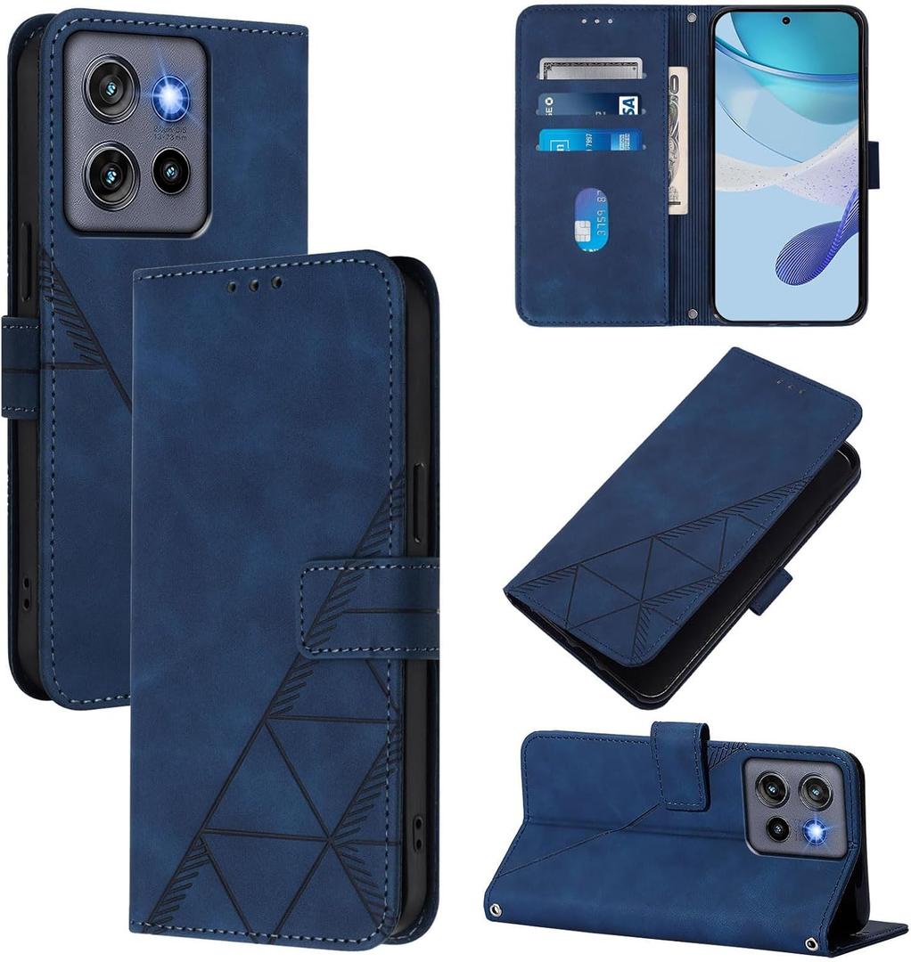 For Moto G Play 5G 2026/Moto G 2026 Leather Case, Geometric Patterns Wallet Case with 3 Card Slots, Magnetic Closure Kickstand Flip Phone Case Shockproof Cover, Blue