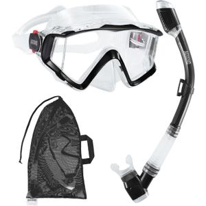 Aegend Snorkeling Gear for Adults Youth Kids, Snorkel Mask with Top Dry Valve - Panoramic View Anti-Leak and Anti-Fog with Mesh Bag for Snorkeling, Scuba Diving, Freediving & Swimming (Clear Black)