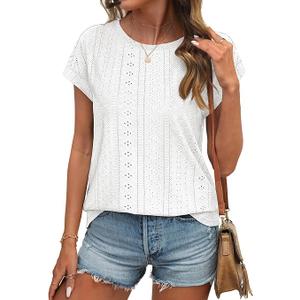 ATHMILE Blouses for Women Dressy Casual Trendy Short Sleeve Shirts Cap with Curved Hem Summer Clothing White, Small 