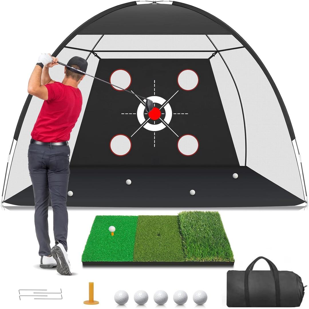 Golf Net, 10x7FT with Golf Practice Mat, Hitting Aid Nets for Backyard Driving Chipping Training Swing with Targets Outdoor or Indoor Gifts for Men/Dad/Him