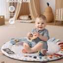 Blissful Diary Baby Play Gym & Activity Mat, 5 Developmental Zones Wooden Tummy Time Mat with 5 Detachable Sensory Toys for Motor Skills & Sensory Development, Baby Essentials Shower Gift (Gray Round)