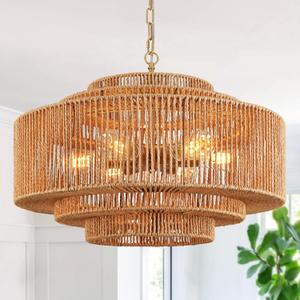 24" Rattan Pendant Lights Gold Rattan Chandelier Light Fixture 3-Tier Hand-Woven Rattans Chandelier 6 Light Wicker Pendant Light Rustic Light Fixtures Boho Pendant Light for Dining Room Bedroom (Brown-Gold Finsh)