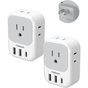TESSAN 2 Prong to 3 Prong Outlet Adapter 2 Pack, US to Japan Plug Adapter with 4 Outlets 3 USB (1 USB-C), Outlet Adaptor US to Japan China Mexico Philippines Canada Peru Thailand Vietnam