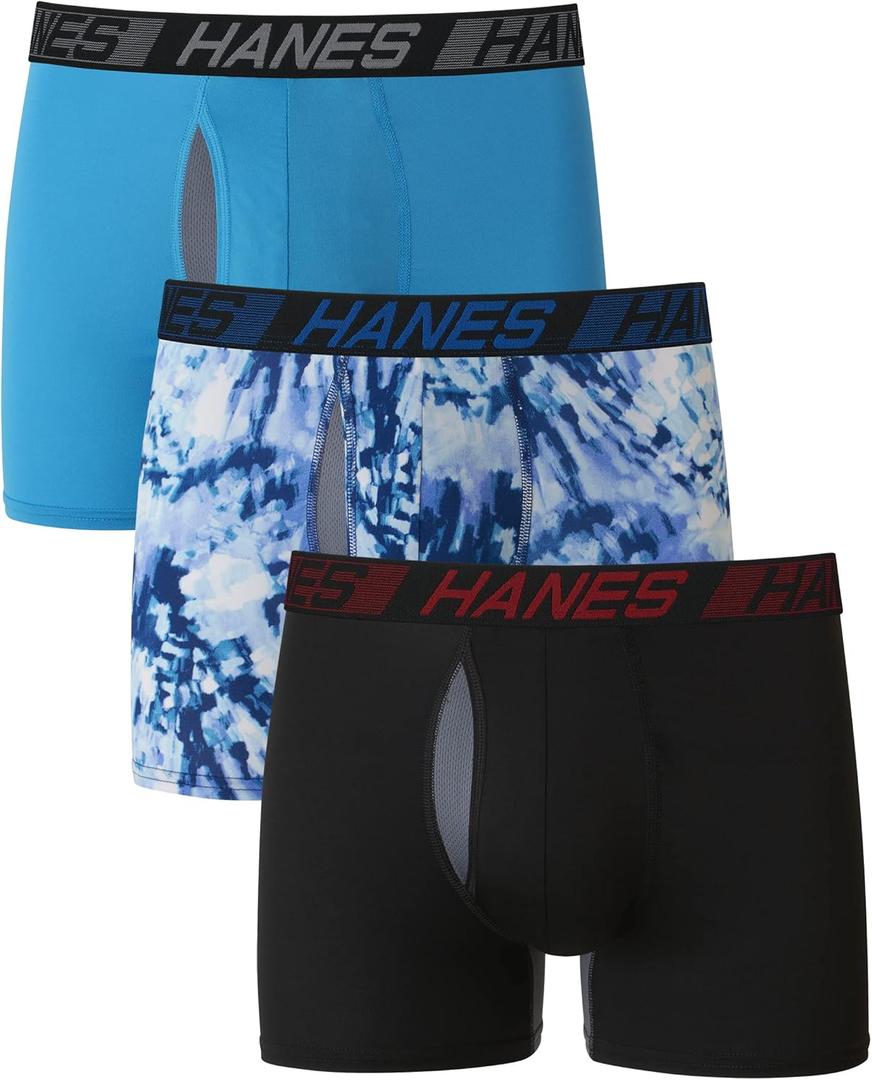 Hanes Men's Anti-Chafing, 3 Pairs, Cool & Breathable Cotton Pouch Underwear, Moisture-Wicking Boxer Briefs (Medium, Black/Tie Dye/Blue)