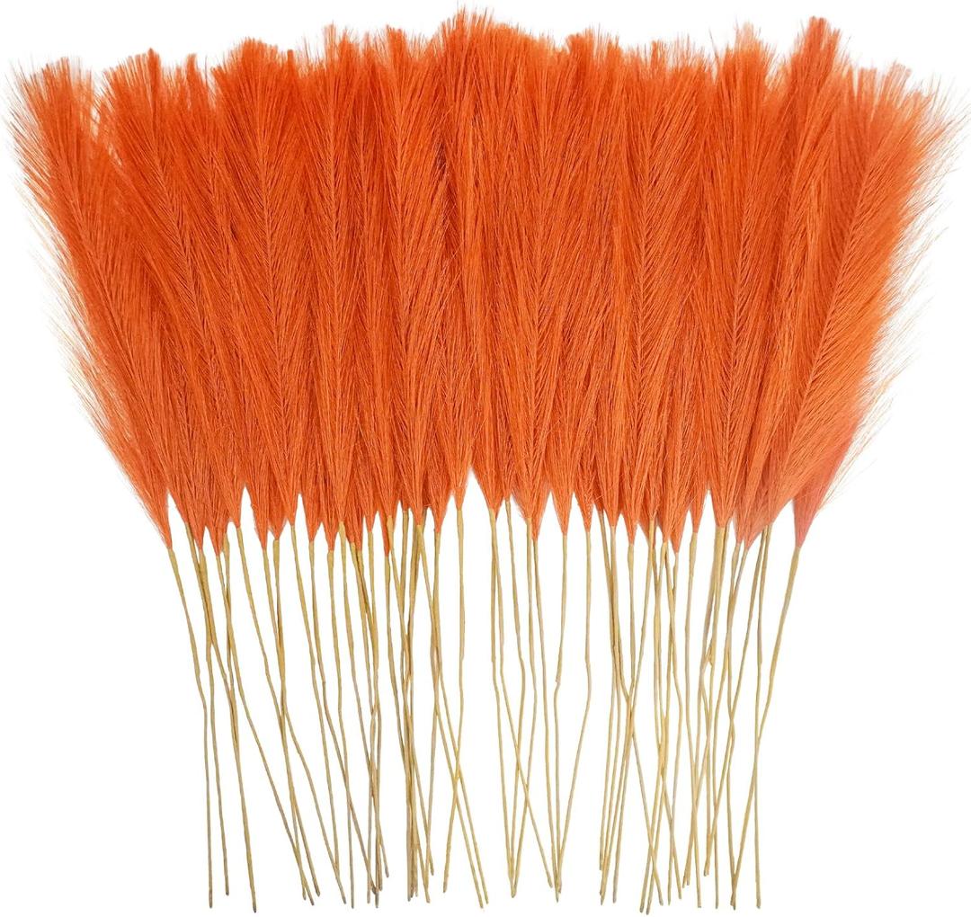 50pcs Burnt Orange Faux Pampas Grass Decor, 21.6" Short Artificial Fall Pompous Grass Floral Fake Orange Pompas Grass Branches Vase Filler Flower Arrangement for Home Wedding Fall Decor