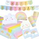 BLUE PANDA Rainbow Party Supplies, Serves 24 Guests, Pastel Dinnerware Set Includes 2 Tablecloth, Cloud Napkins, Rainbow Cups, Plates and Happy Birthday Banner Decorations, 99 Piece