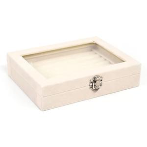Fashion Portable Velvet Jewelry Ring Box Jewelry Display Organizer Box Tray Holder Earring Jewelry Storage Case Showcase (Beige)