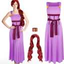 Halloween Princess Cosplay Costume for Women Pink Dress Outfits Burgundy Curly Wig Headband for Halloween Party,Medium