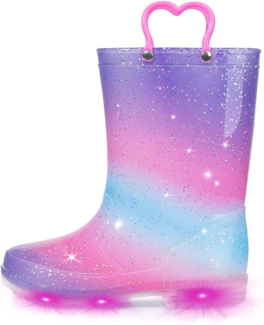 EUXTERPA Toddler Kids Waterproof Light Up Rain Boots Patterns and Glitter Boots with Handles for Boys Girls (Purple Gradient, 10)