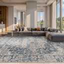 Rugxara 10x14 Area Rugs for Living Room Bedroom, Large Washable Rug, Blue Vintage Retro Boho Rug, Non Slip & Low Pile Faux Wool Thin Carpet for Indoor Dining Room and Kids Room(Blue 10x14ft)