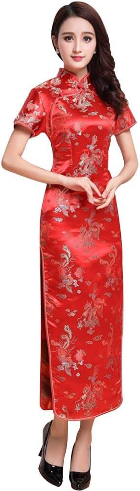 Women Cheongsam Long Dress Evening Short Sleeve Slim Fit Maxi Dress Floral Faux Silk Stand Collar Bodycon Qipao (Red Dragon) XL