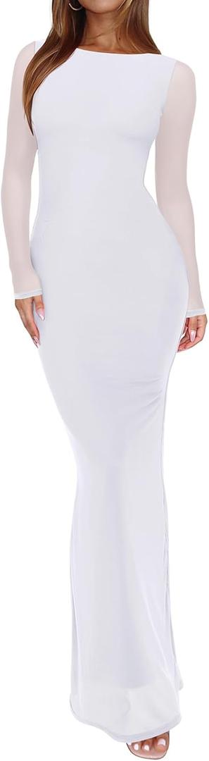 REORIA Women's Spring Mesh Sheer Long Sleeve Wedding Guest Dress Sexy Floral Bodycon Maxi Long Dresses (Large, Brilliant White)