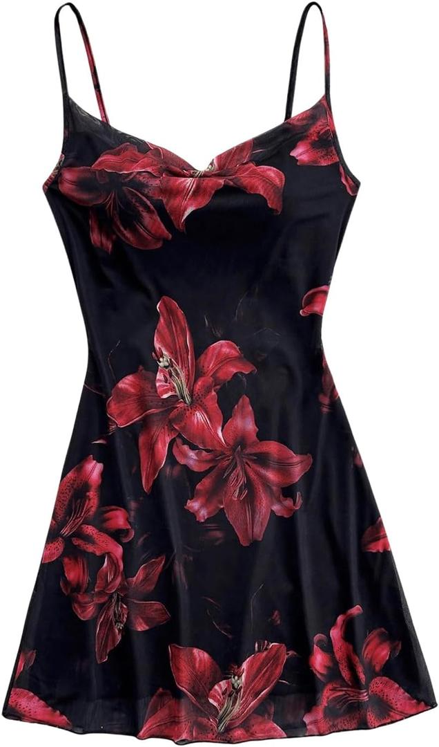 Floerns Women's Flower Print Draped Ruched Cami Dress Sleeveless Flared Mini Dress (Small, Black)