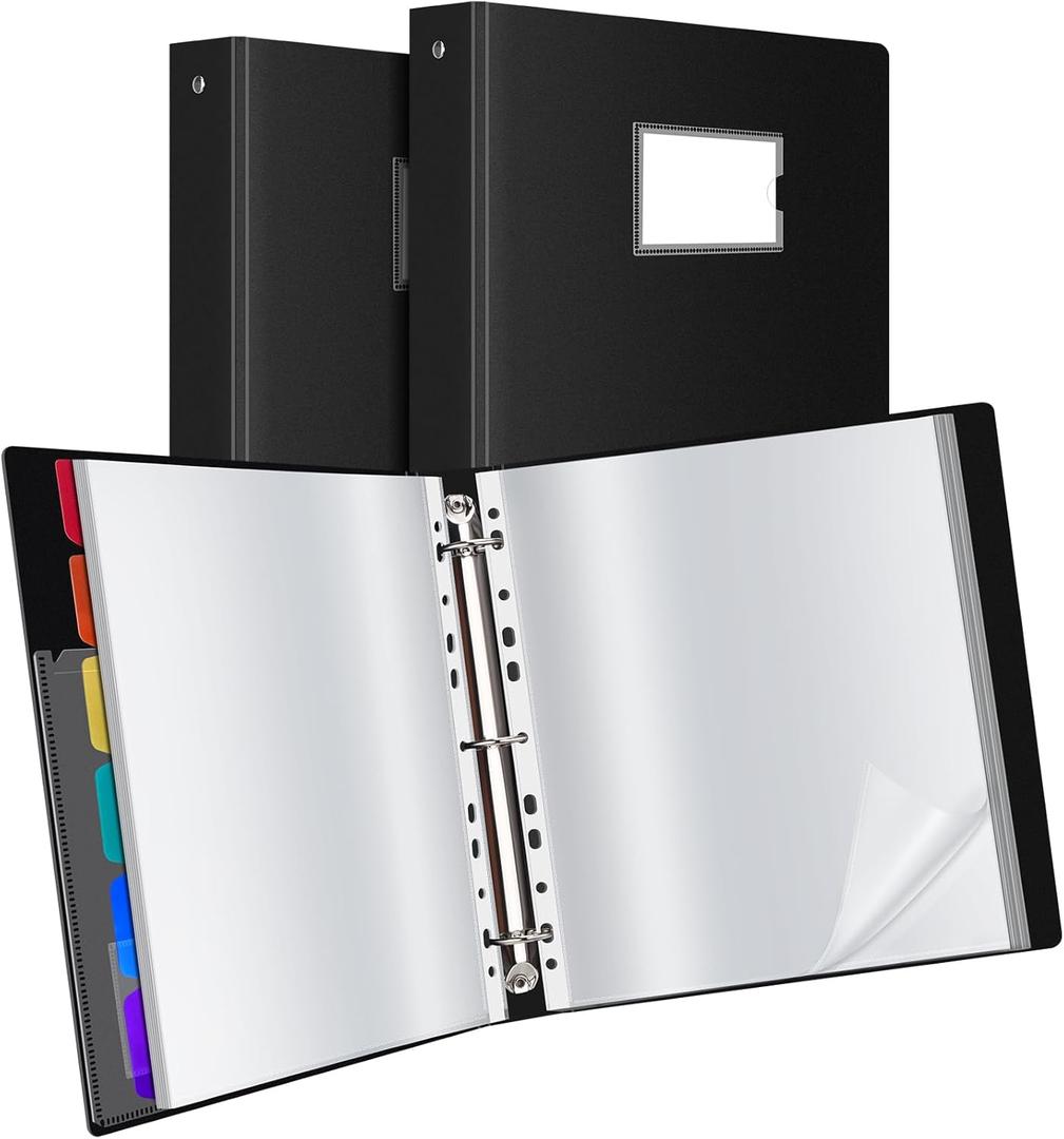 Uquelic 50-Pocket Binder with Plastic Sleeves for Letter/A4 Size(11" x 8.5"), Document Binder Organizer for Papers, Certificates and Artwork, Colorful PP Divider Pages for Presentation (2 Pack) (Black & Rainbow)
