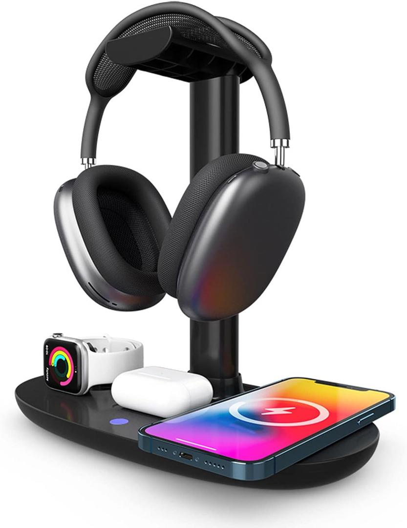 Headset Stand, Wireless Charging Stand, 4 in 1 Charging Station Suitable for Mobile Phones, Headphones, Watches and Headphone Hangers